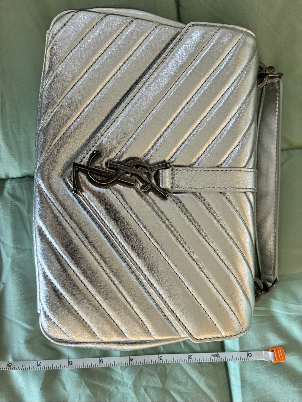 Saint Laurent Metallic Silver Chevron Crossbody Bag - Picture 9 of 11
